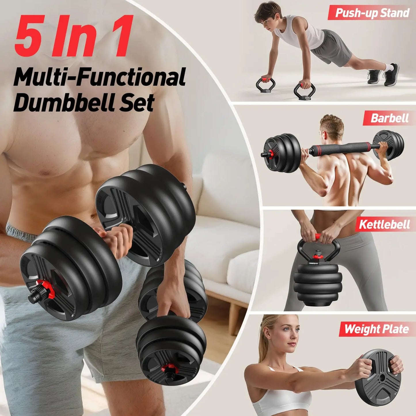 FED Fitness 5 In 1 Adjustable Dumbbell Set With 20 35 45 70 90 Lb