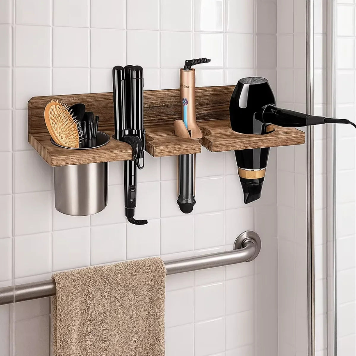Wall Mounted Wooden Hair Tool Organizer For Dryer Curling Iron