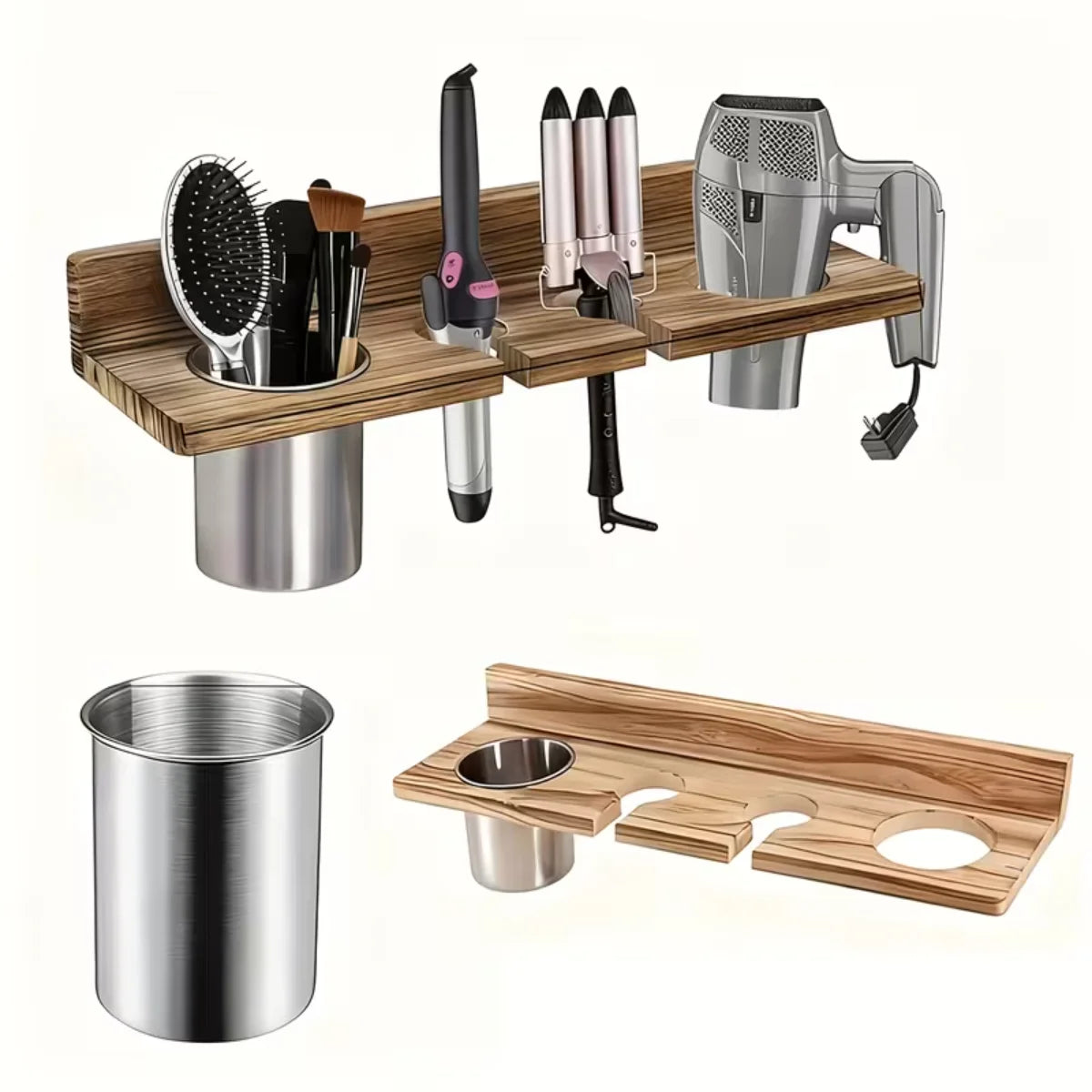 Wall Mounted Wooden Hair Tool Organizer For Dryer Curling Iron