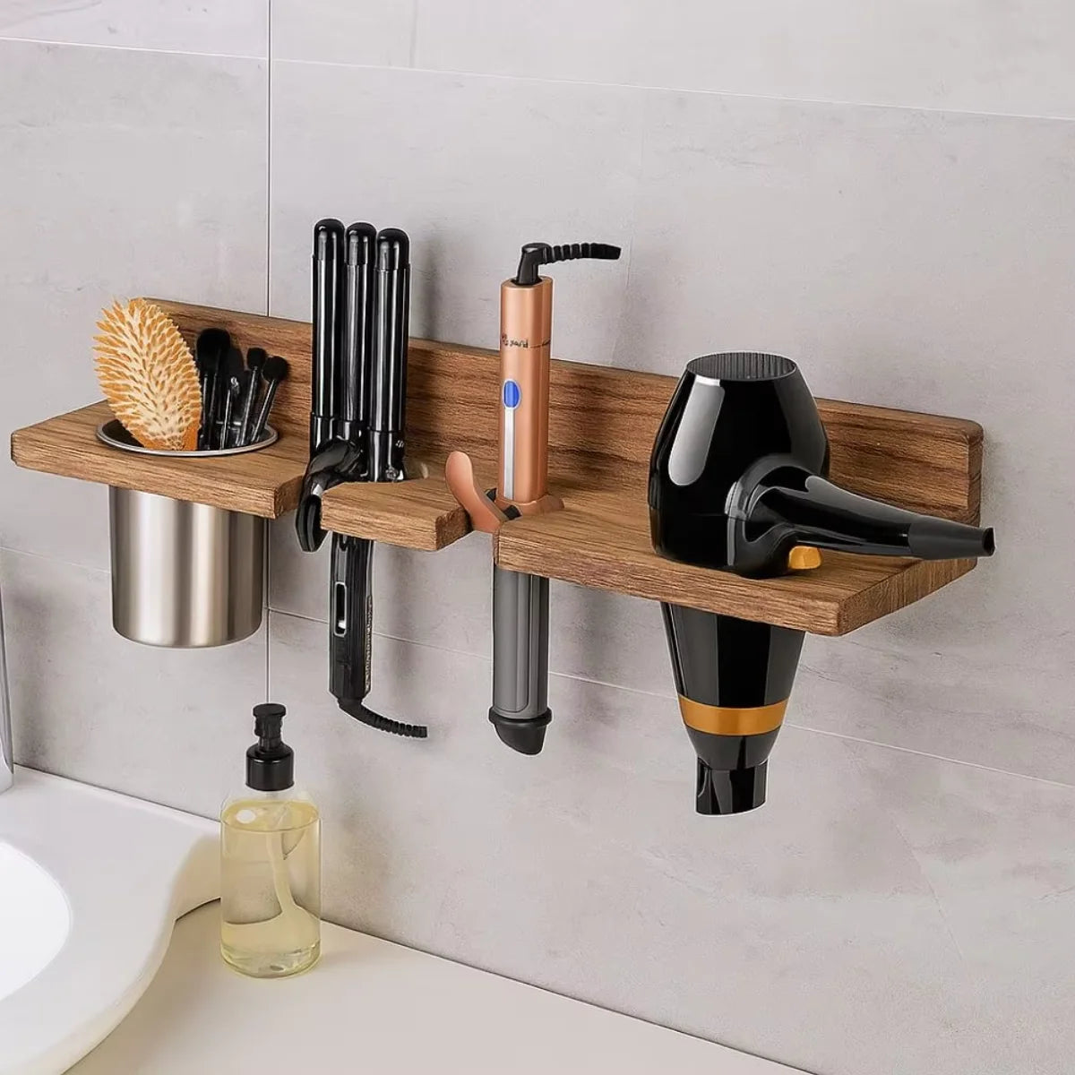Wall Mounted Wooden Hair Tool Organizer For Dryer Curling Iron