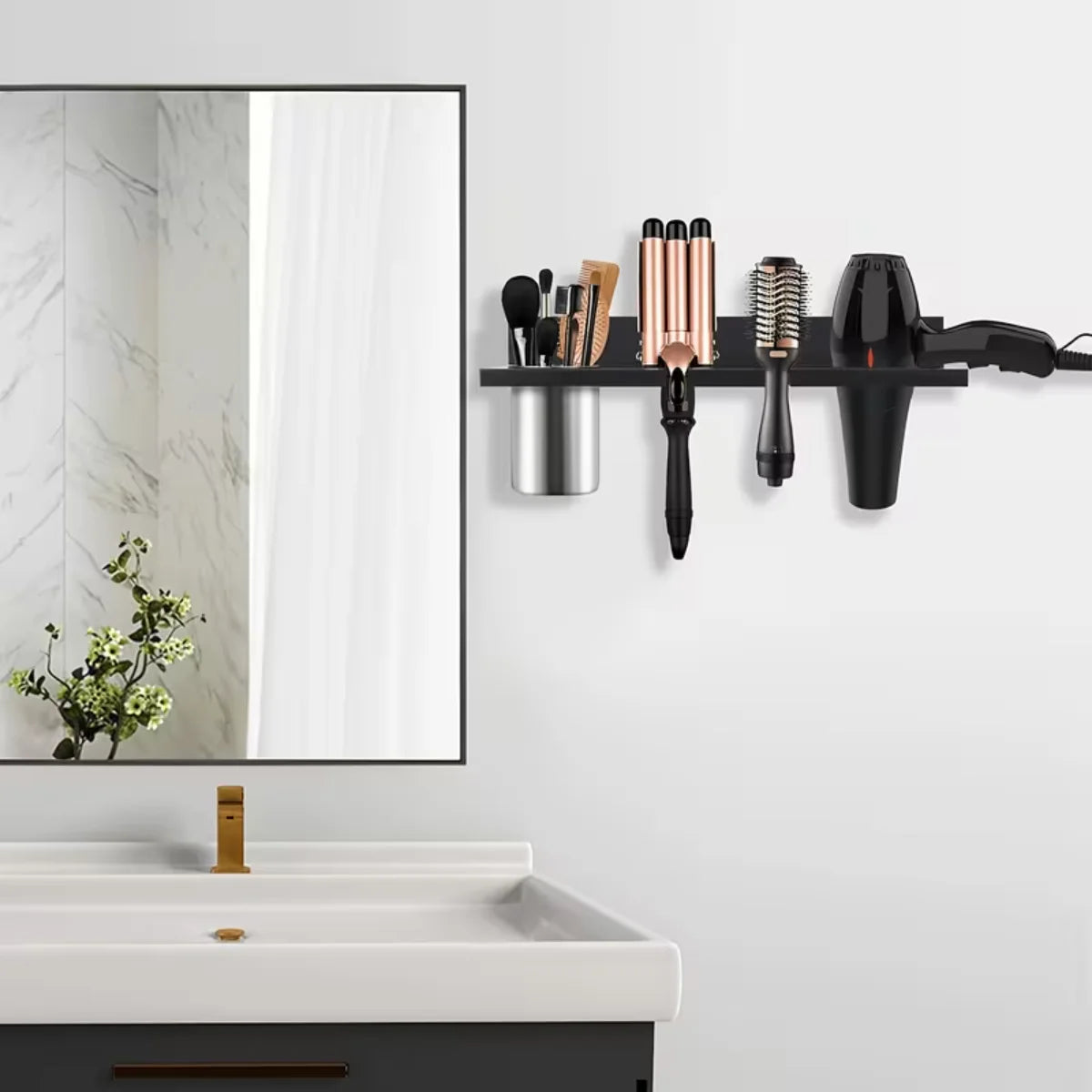 Wall Mounted Wooden Hair Tool Organizer For Dryer Curling Iron