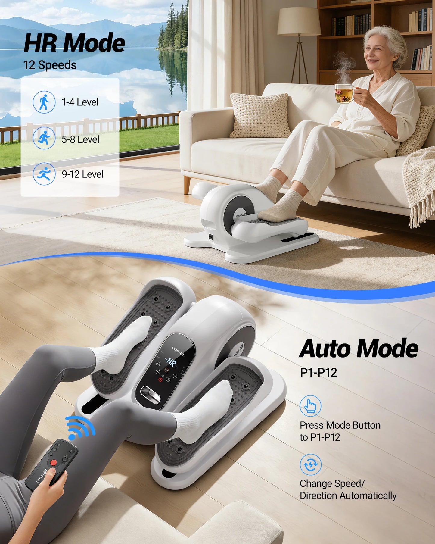 UMAY Compact Under Desk Electric Elliptical Machine With 12 Speed