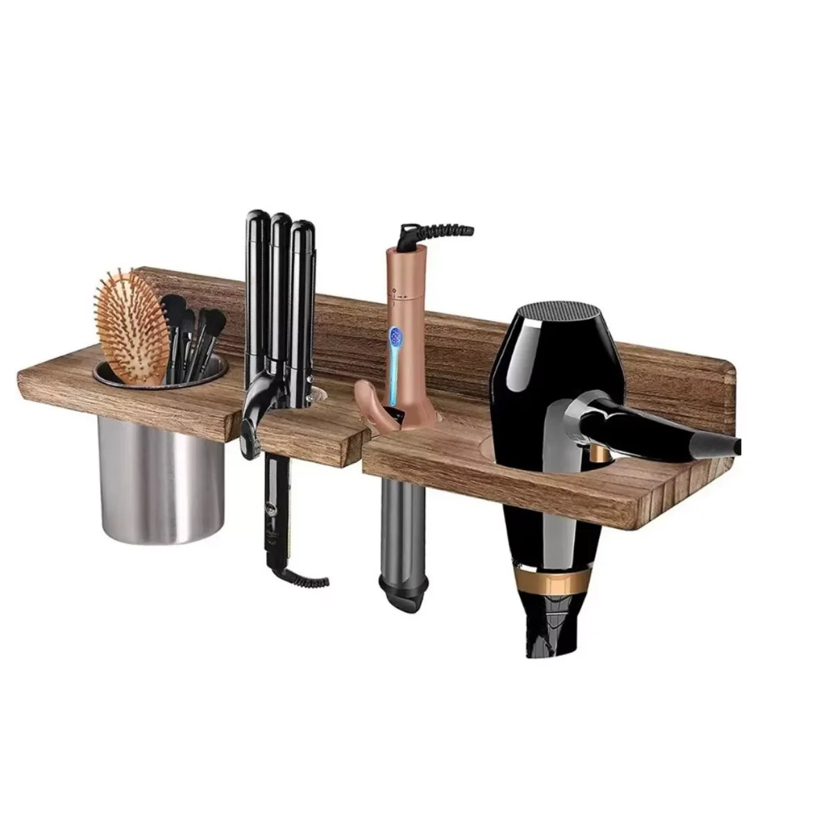 Wall Mounted Wooden Hair Tool Organizer For Dryer Curling Iron