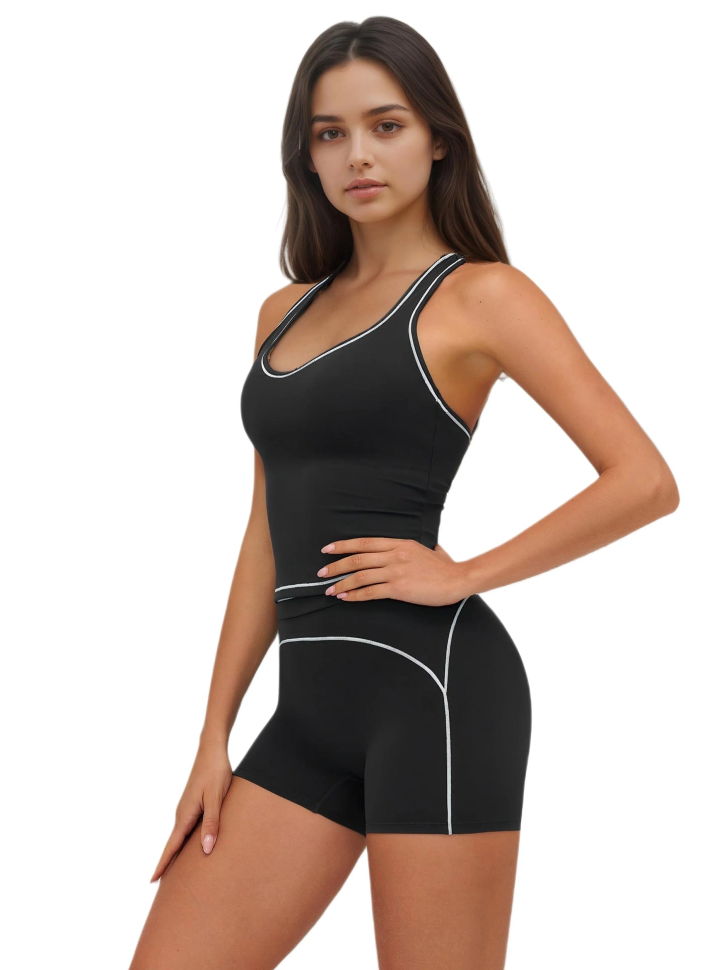 Airila Women Two Piece Yoga Set With Racing Vest Shorts Removable Pads