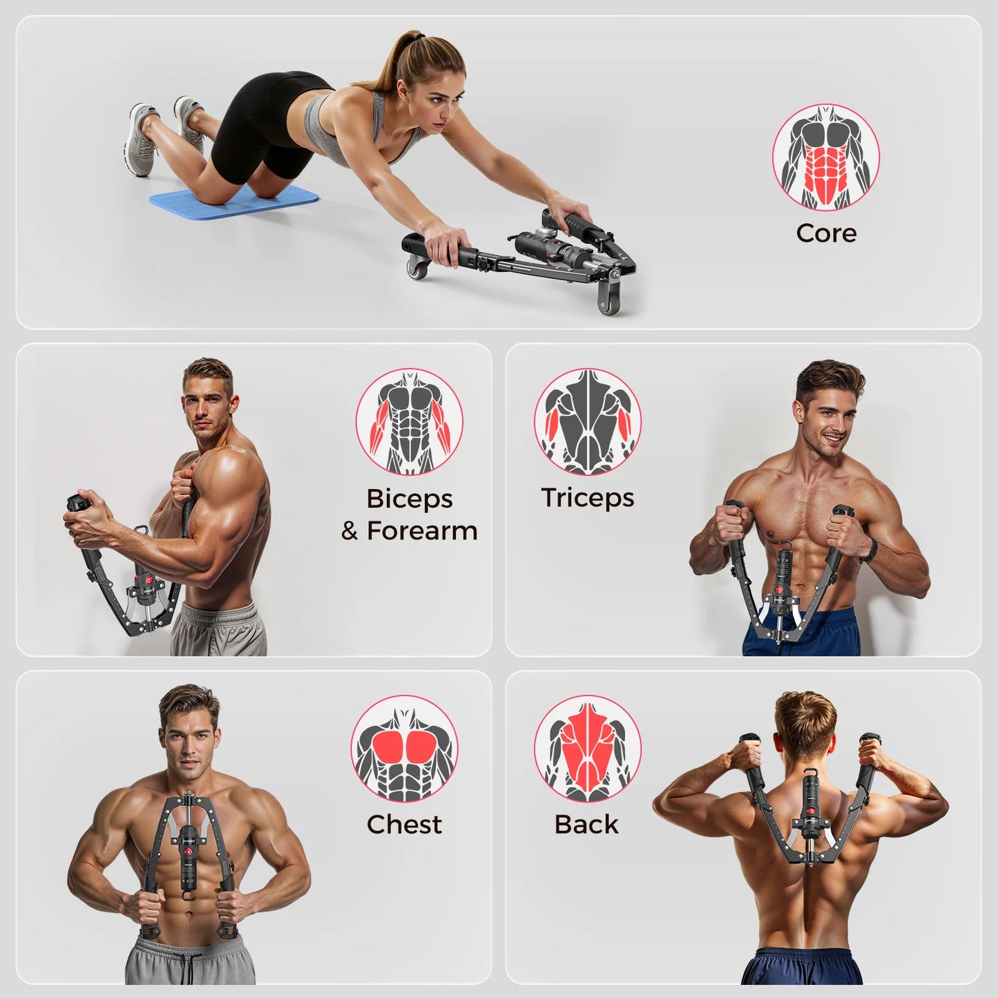 Full Body Power Trainer With Hydraulic Resistance And Ab Wheel