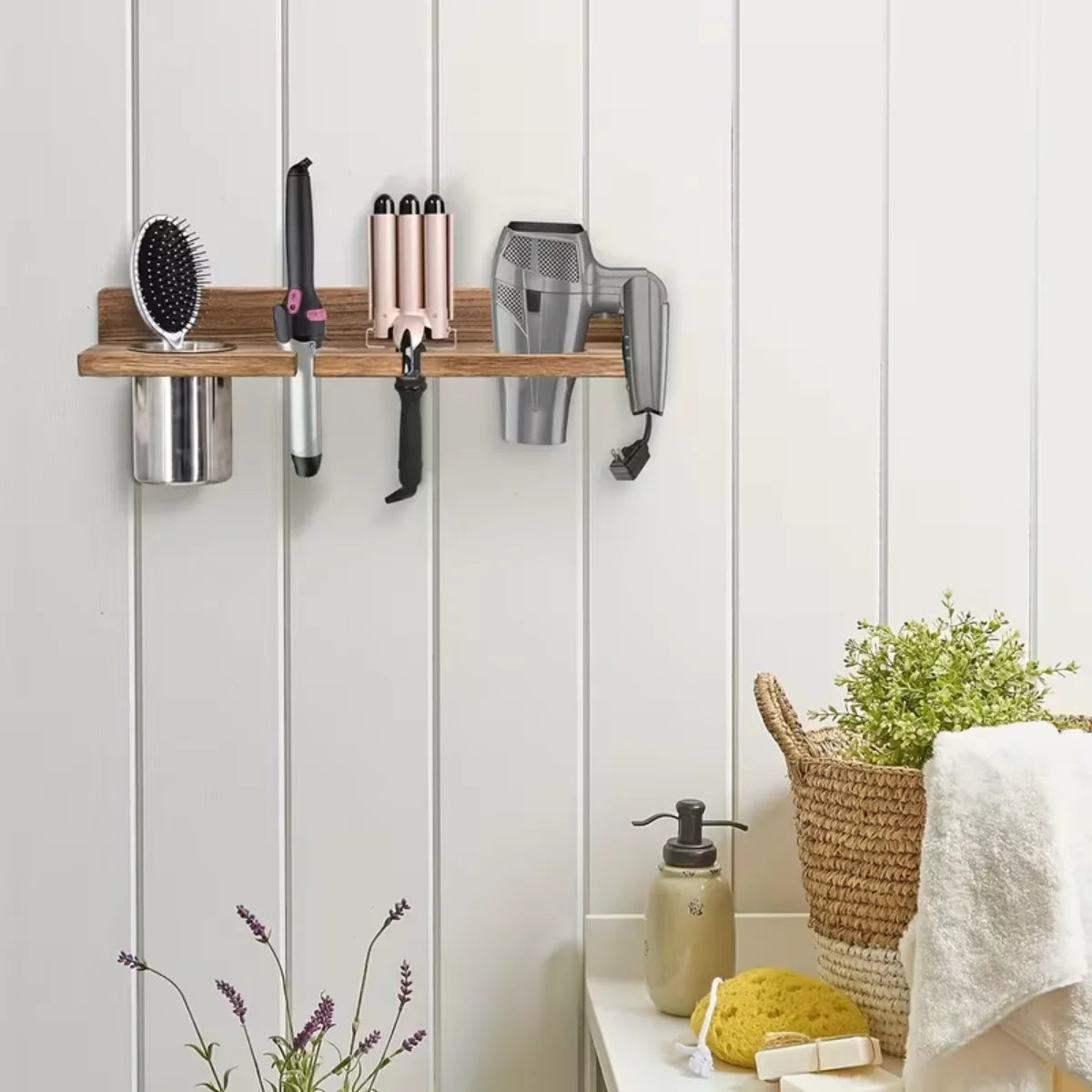 Wall Mounted Wooden Hair Tool Organizer For Dryer Curling Iron