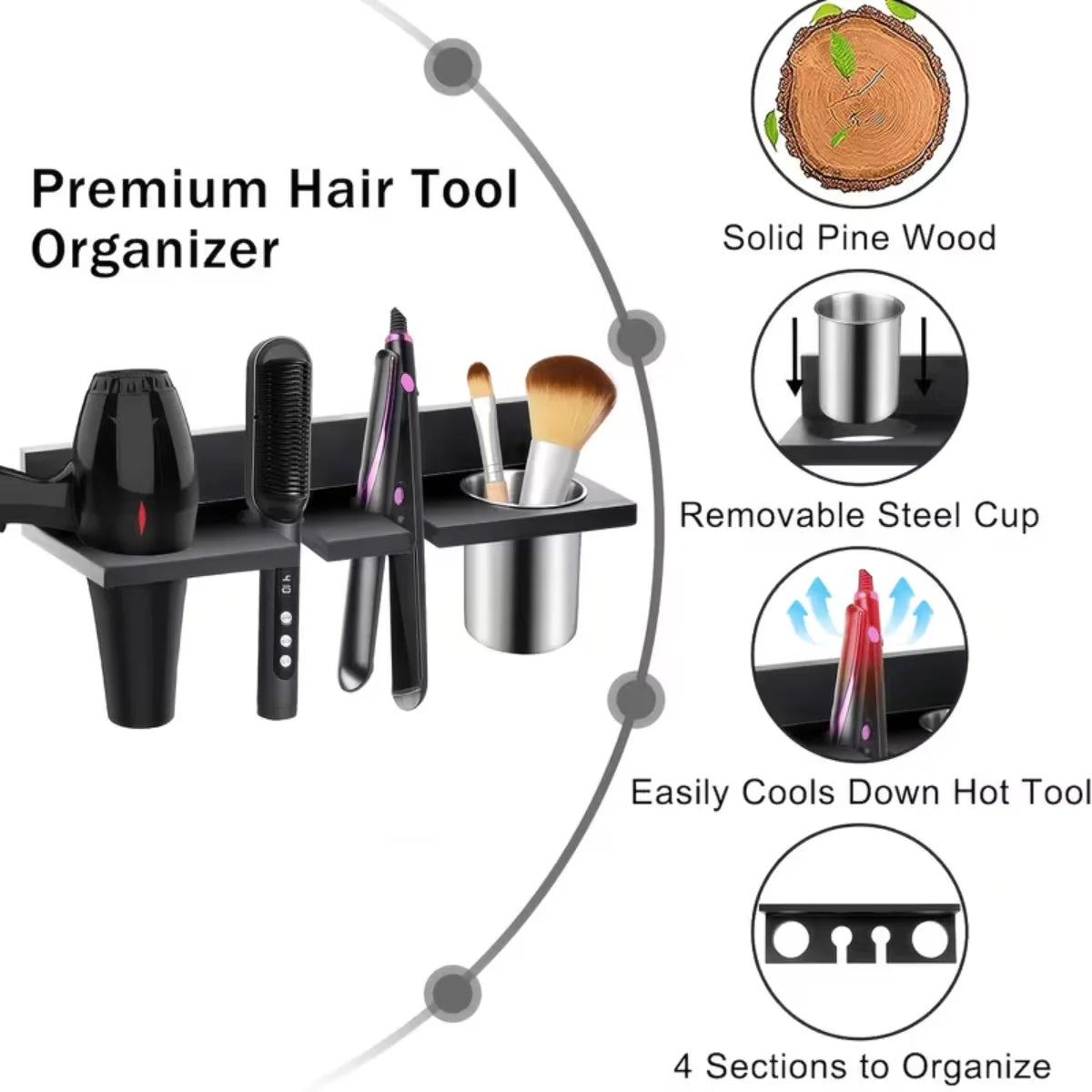 Wall Mounted Wooden Hair Tool Organizer For Dryer Curling Iron